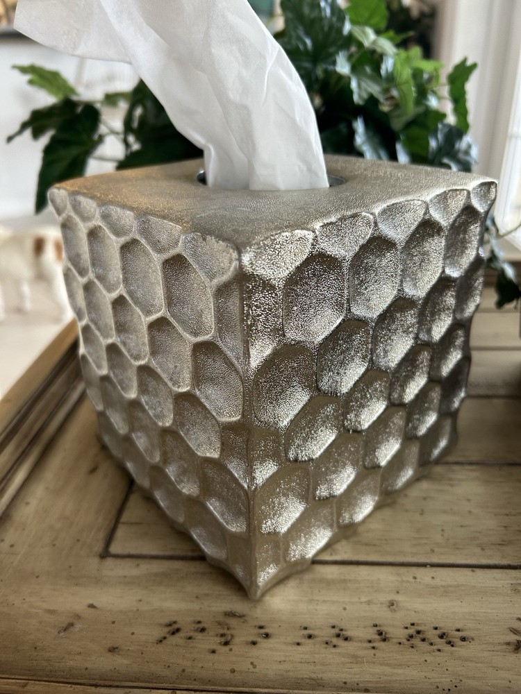 Honeycomb Tissue Box Cover Heavy Ceramic Metallic Silver Hammered Square