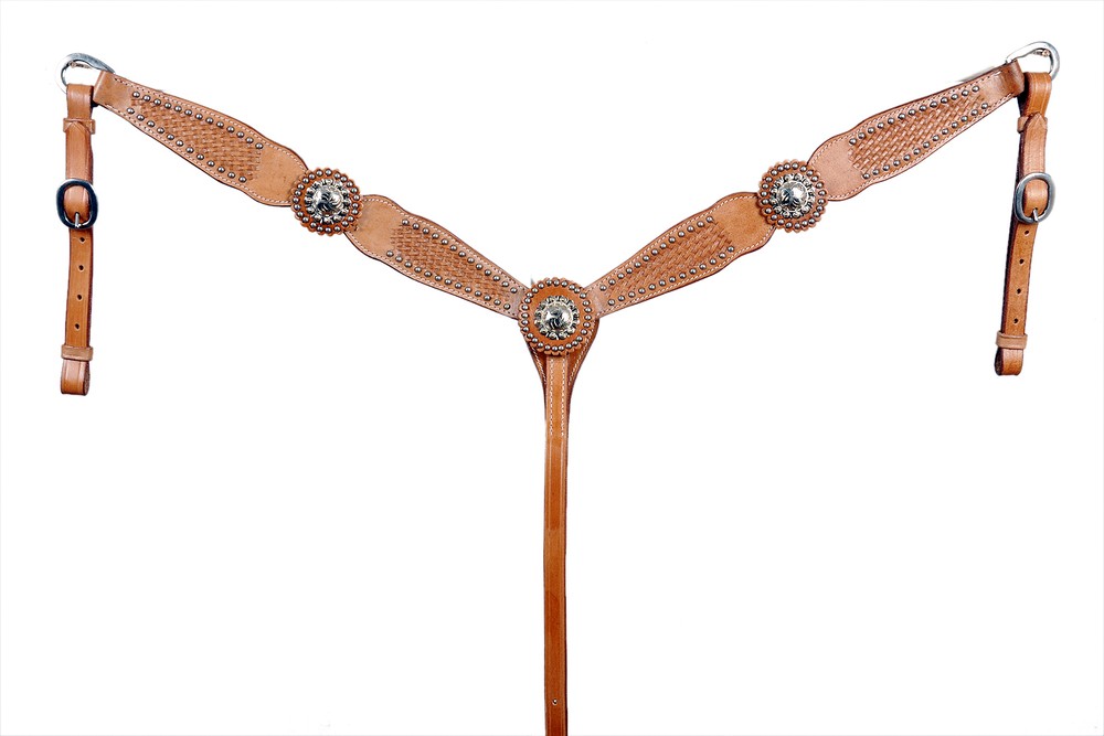 Western Natural Leather Shaped Silver Spots Breast Collar with Congress Conchos