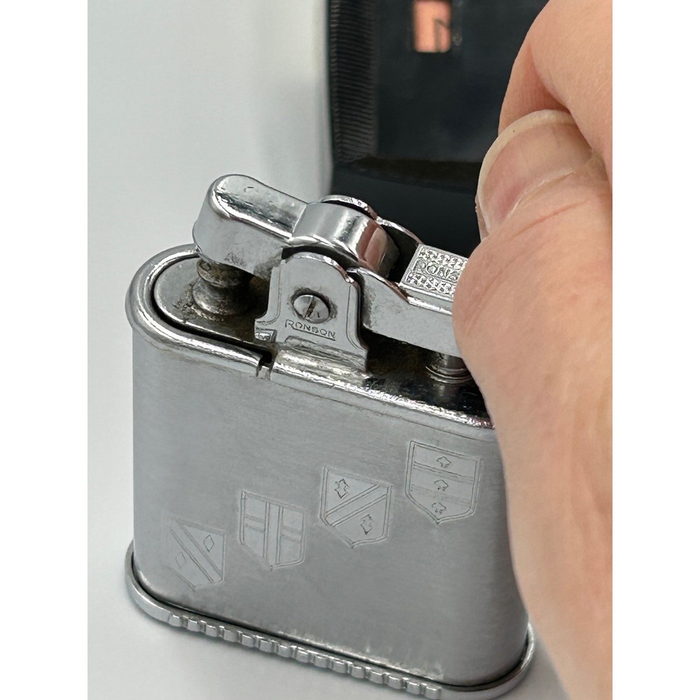 Vintage Ronson Standard Silver Tone Lighter Engraved Heraldic Crest with Case