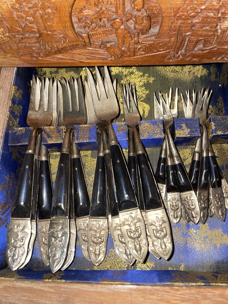 Vintage Thai Silverware Set Often Referred to As Siam Bronze Flatware
