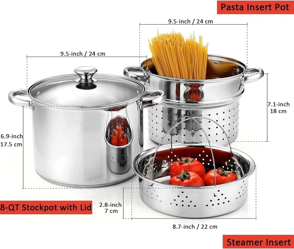 Luxury 8 Quart Pasta Pot with Steamer Insert - Stainless Steel Set