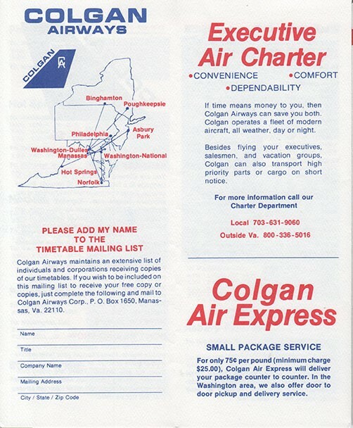 Colgan Airways timetable 1983/09/15