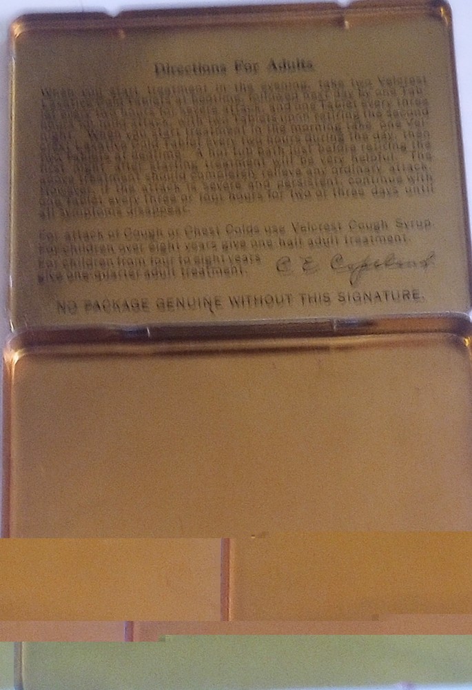 1940's-50's Velcrest Laxative Cold Tablets Tin Mansfield, Ohio