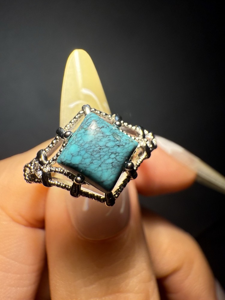 Natural Hubei Turquoise Square Ring / Silver- plated/adjustable
