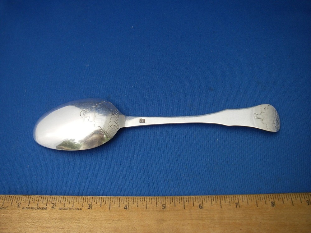Fine EARLY 18th C GERMAN(?) Silver TABLESPOON-Rococo Engraved Shells, Marked HB