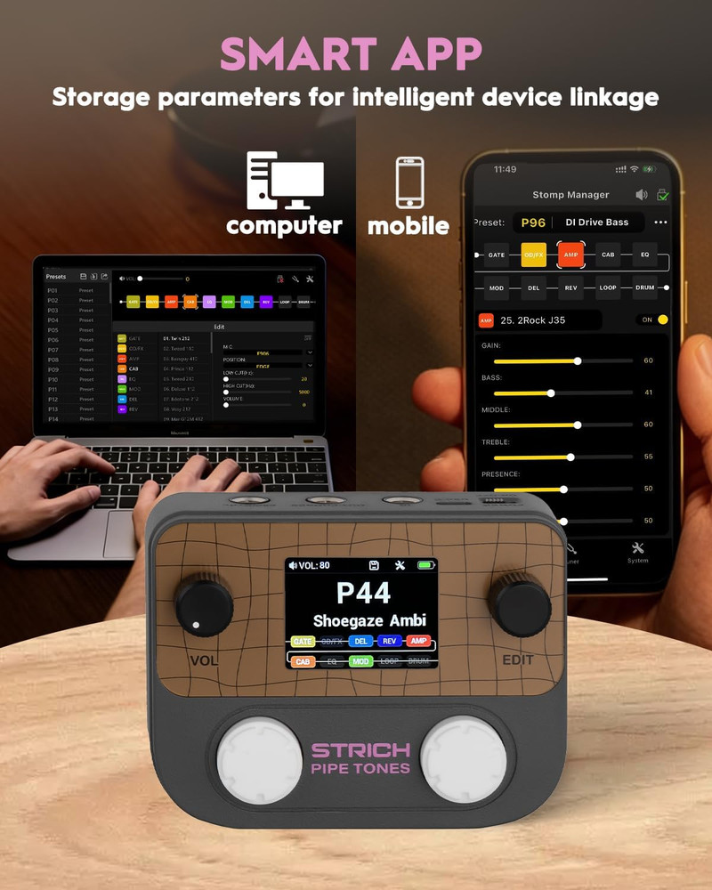 Pipe Tones Pocket Multi-Effects Processor for Guitar and Bass with 10 Effect Mod