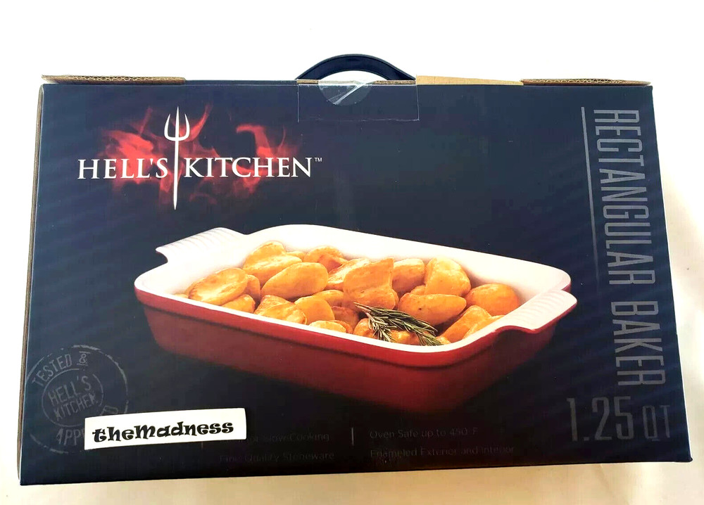 HELLS KITCHEN Red Enameled Stoneware 10 x 7 RECTANGULAR BAKER 1.25 qt RAMSAY