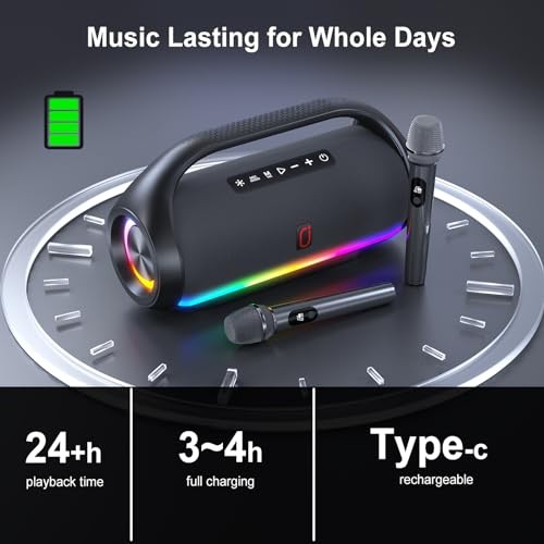 Portable Bluetooth Speaker with 2 Wireless Microphones, IPX5 2 Wireless Mics