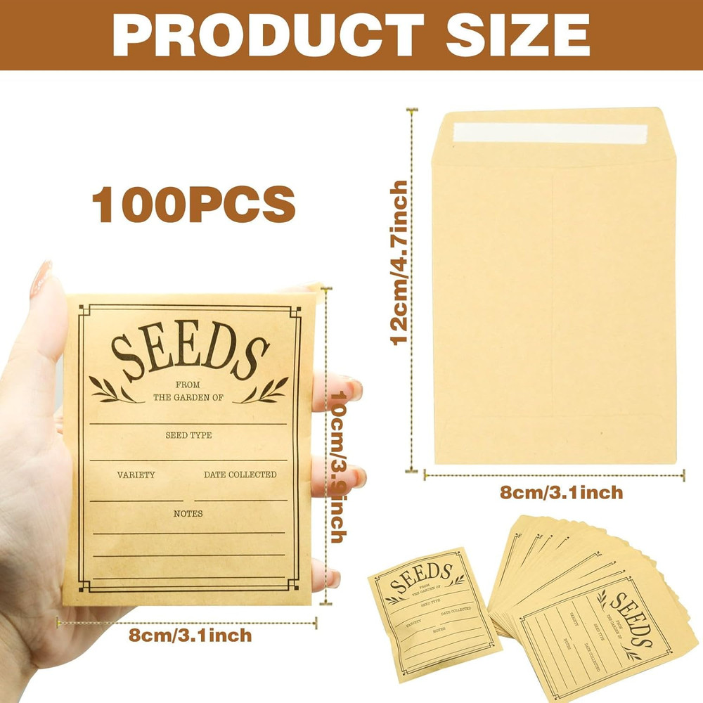 100Pcs Seed Envelopes, Seed Envelopes Resealable Brown Paper Seed Packets Envelo