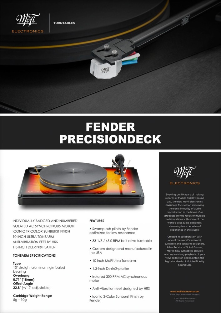 MoFi Fender PrecisionDeck Turntable Tonearm Cartridge Alignment Protractor