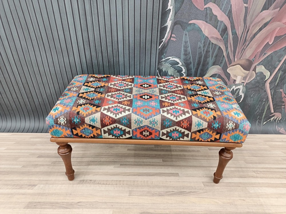 Kilim Pattern Printed Rug Upholstered Ottoman Bench Sitting Bench Piano Bench