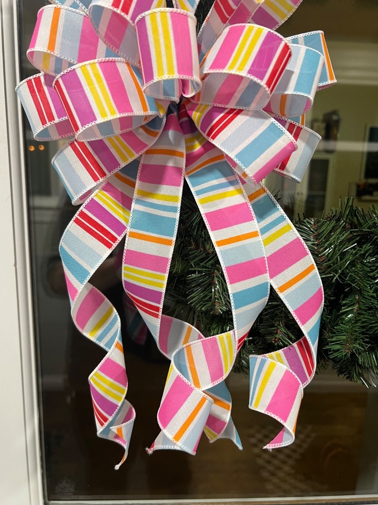 Handmade Bright Color Stripe Bow for Spring Summer Easter Beach Wreath Decor