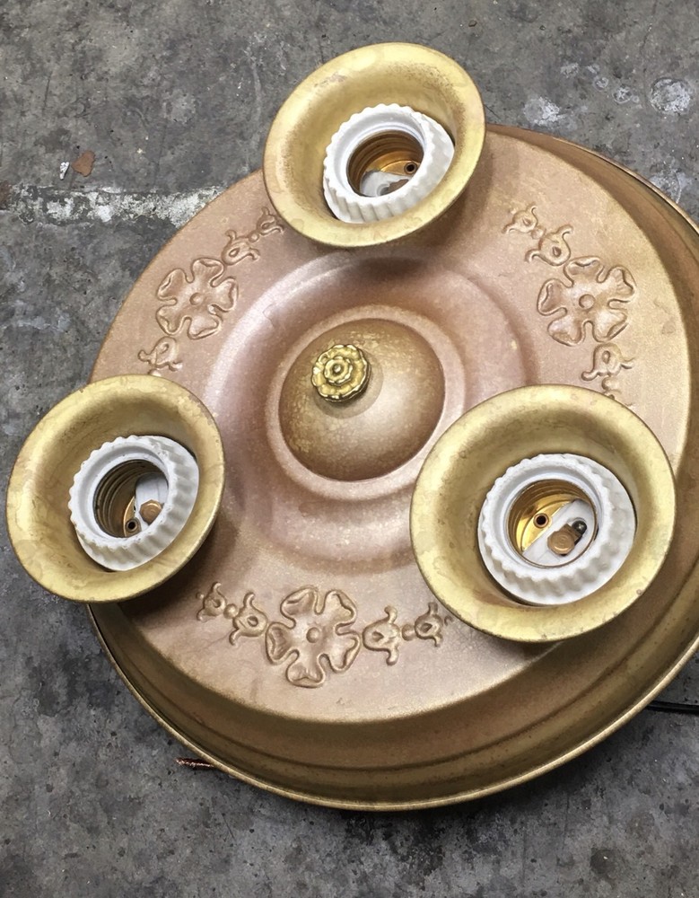 Single Antique yellow brass three bulb flush mount ceiling fixture 55A