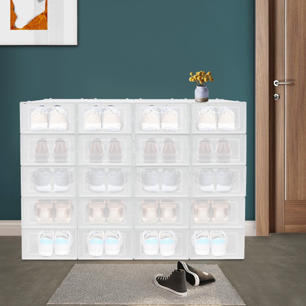 20 Pack White Plastic Shoe Boxes With Lids Stackable Storage Containers Organize