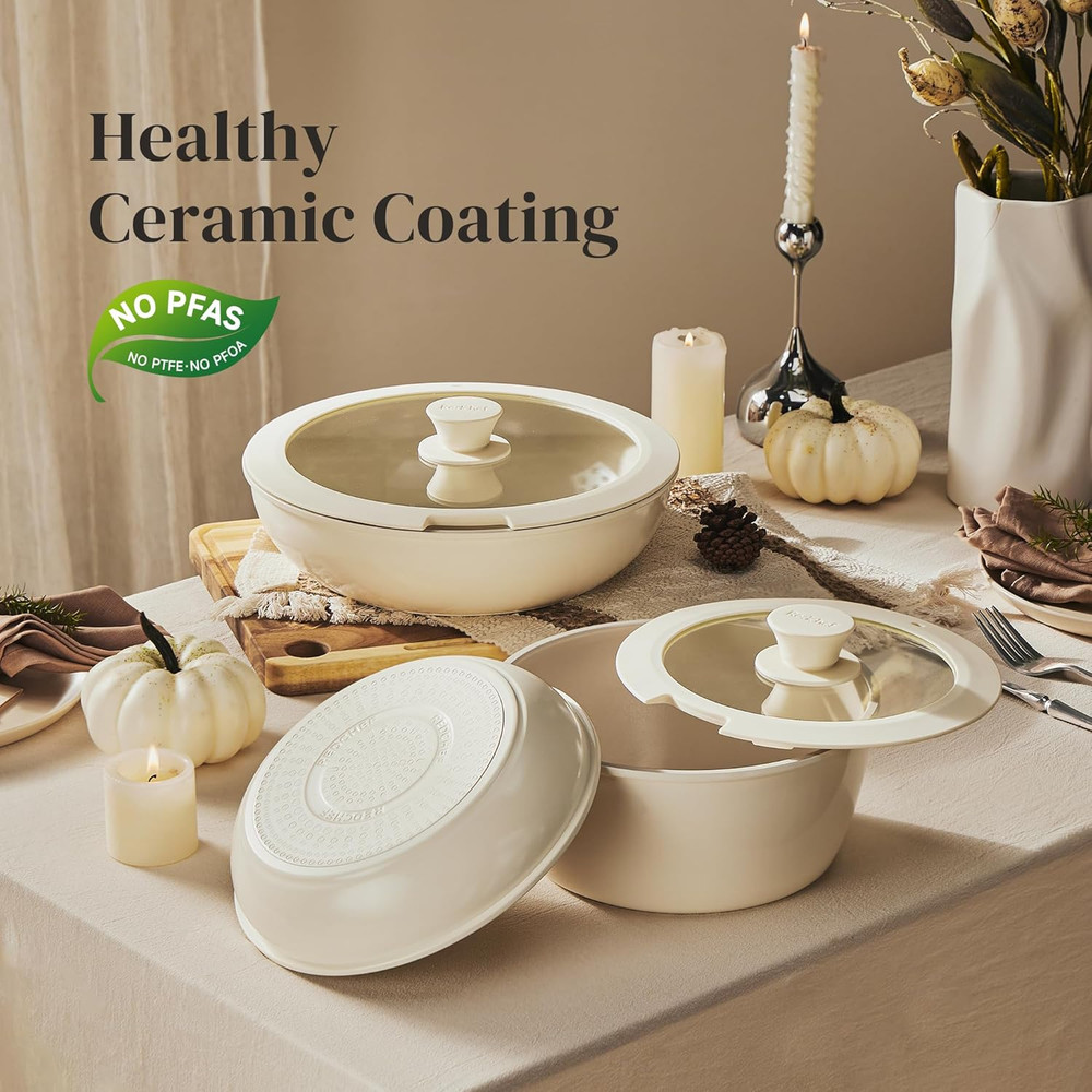 Ceramic Pots and Pans Set, Nonstick Kitchen Cookware Set with Detachable Handle,