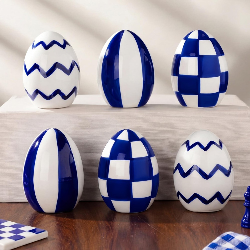 6 Pcs Ceramic Easter Eggs Blue and White Checkered Porcelain Eggs Spring Bask...