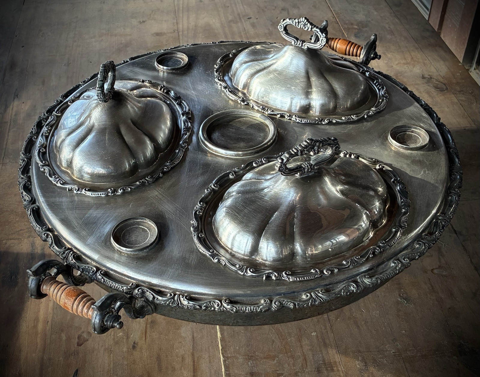 Large Birmingham Silver Plate Lazy Susan Hot Food Server - 23"