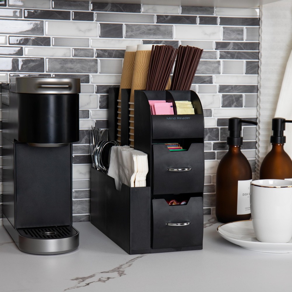 Mind Reader Cup and Condiment Station, Countertop Organizer, Single, Black