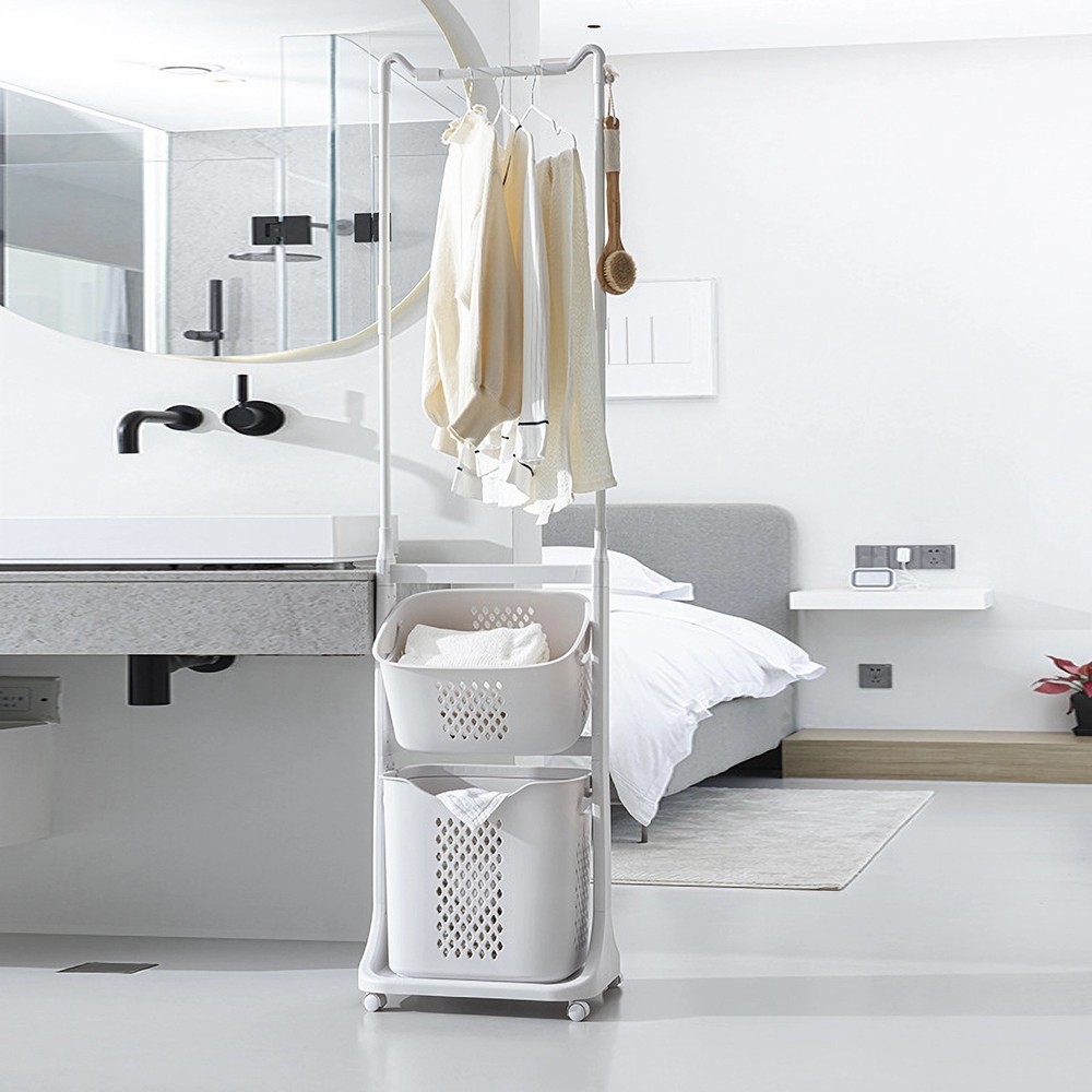 2-Tier Hamper Sorter with Wheels, Hanging Bar & Stackable Baskets