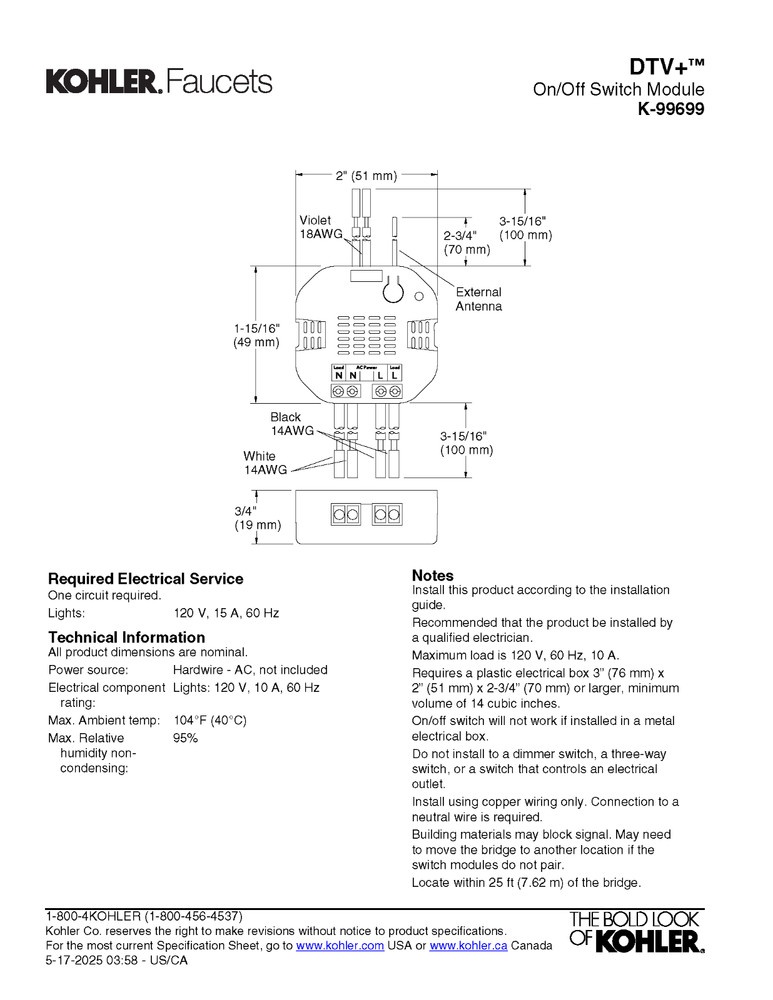 Kohler DTV+ K99699 On/off switch module