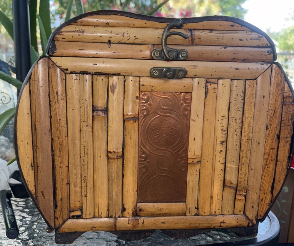 Vintage Mid-Century Split Bamboo & Embossed Copper Chest 13x11x8.5