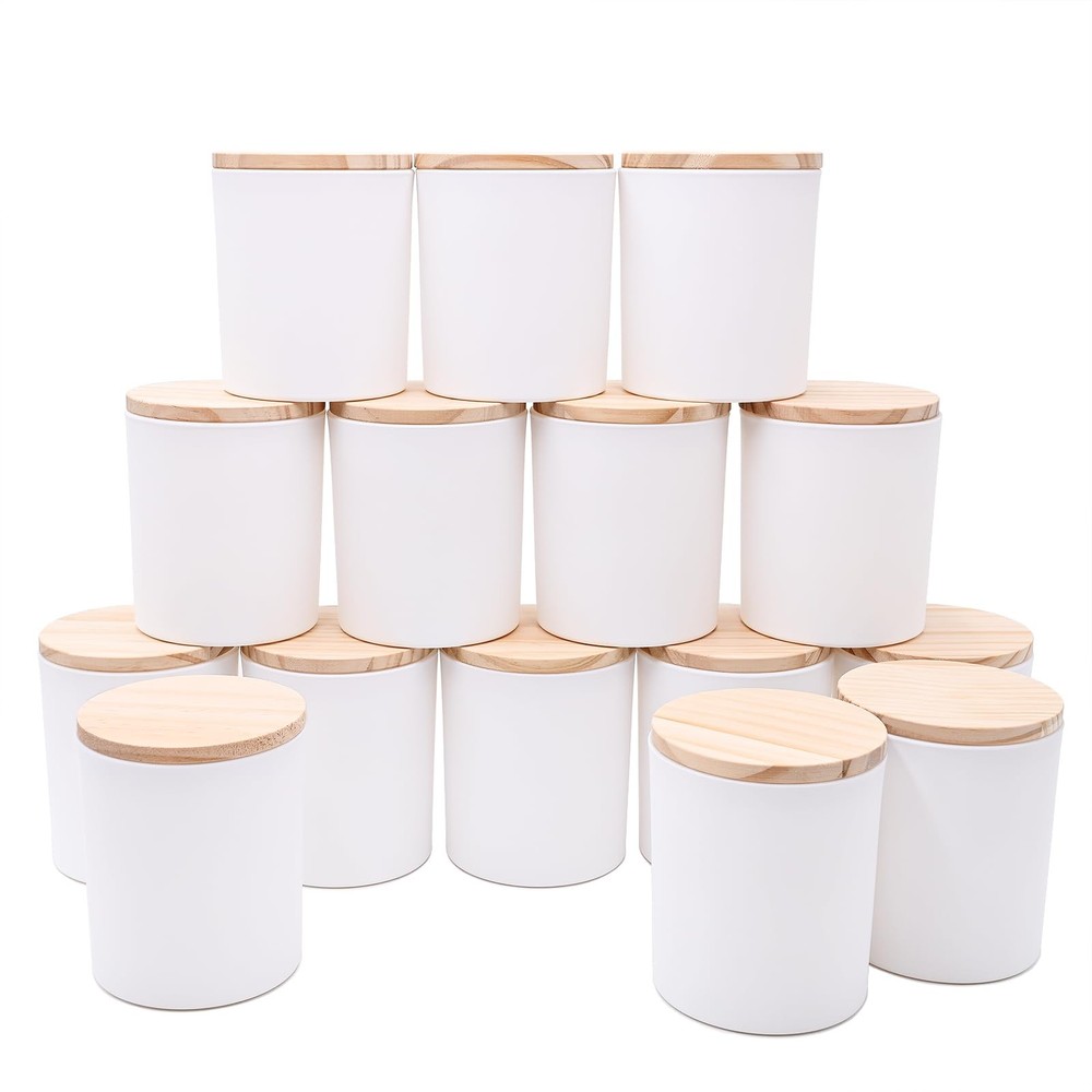 15 PCS 10 OZ Matte White Candle Jars With Wood Lids Empty Containers
