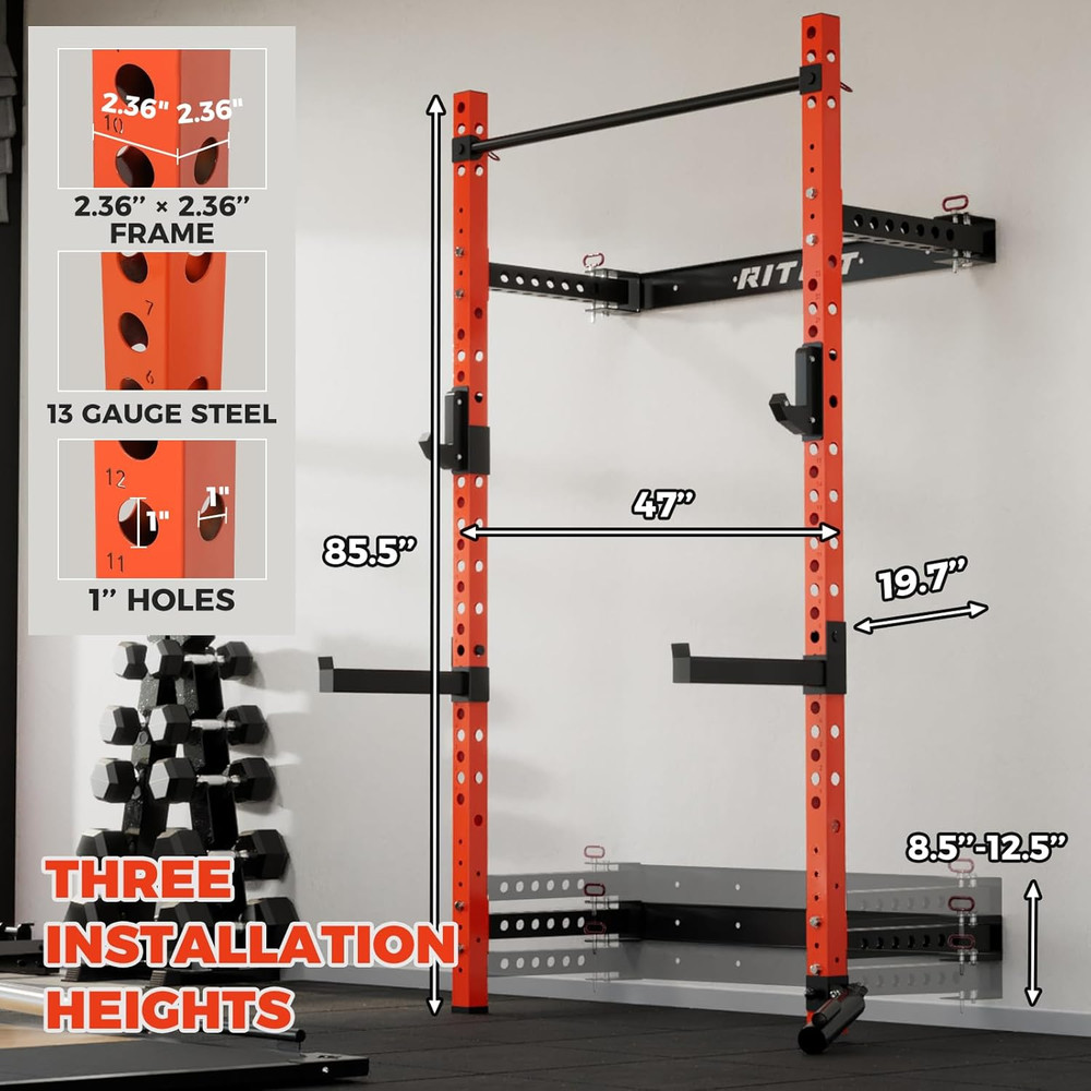 Space-Saving Wall-Mounted Folding Squat Rack with Attachments for Home Gym