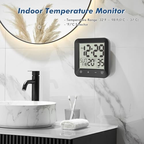 Waterproof Shower Clock Timer, Bathroom Clock with Countdown, Touch Black