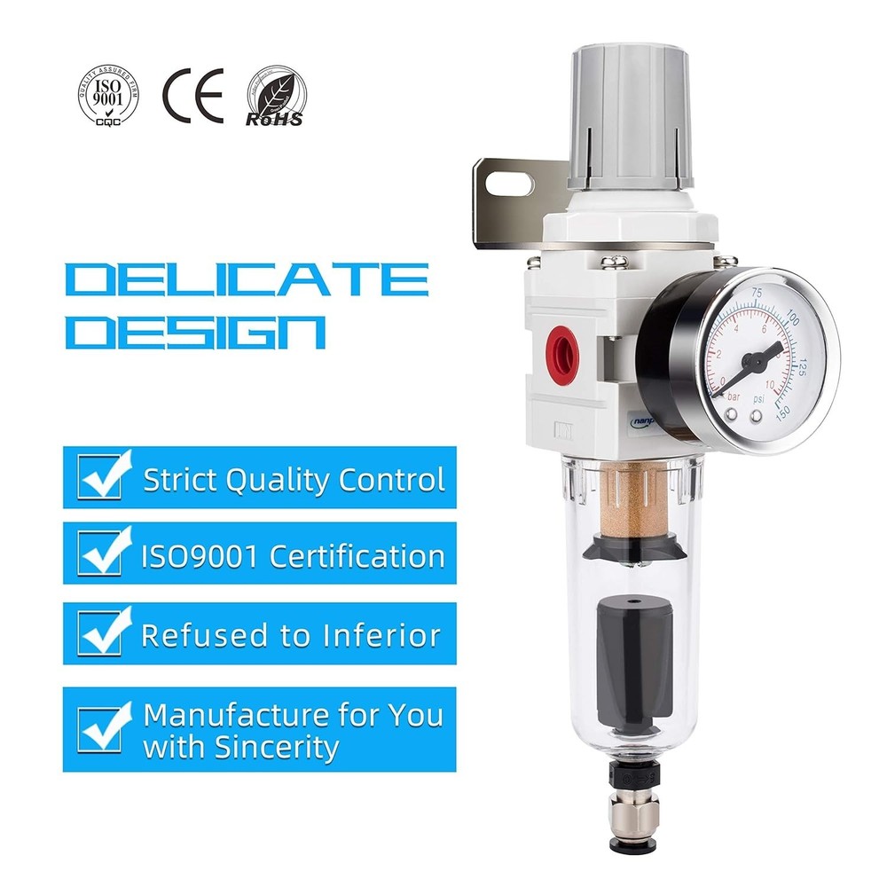 1/4" NPT Compressed Air Filter Regulator Combo Piggyback, Auto Drain, 5 Micro...