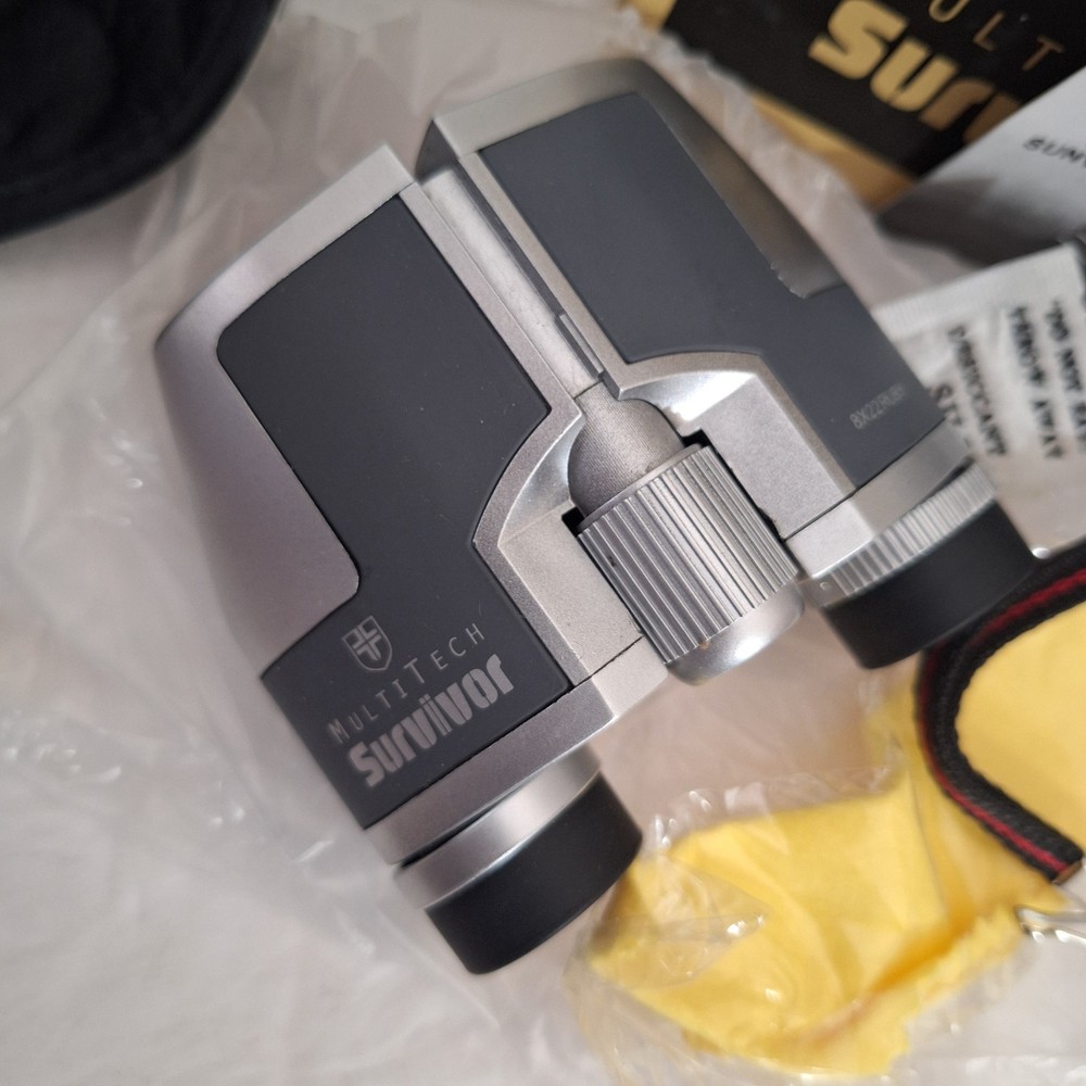 Multitech Survivor Silver Binoculars 8 x 22 Ruby Lens VGC (with case and covers)