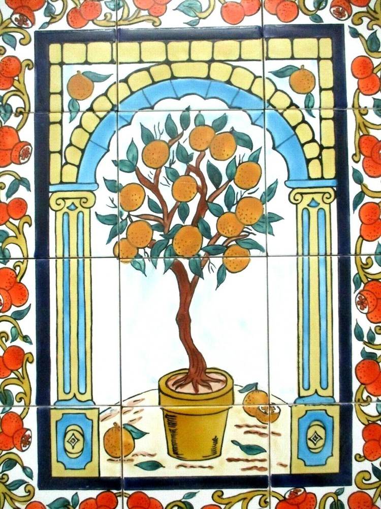 Hand Painted Ceramic tile art Mosaic mural Orange Tree BACKSPLASH 18" x 24"