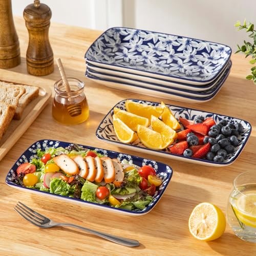 Selene Rectangular Dinner Plates Set of 6, Ceramic Salad Plates for 9.5 Inch