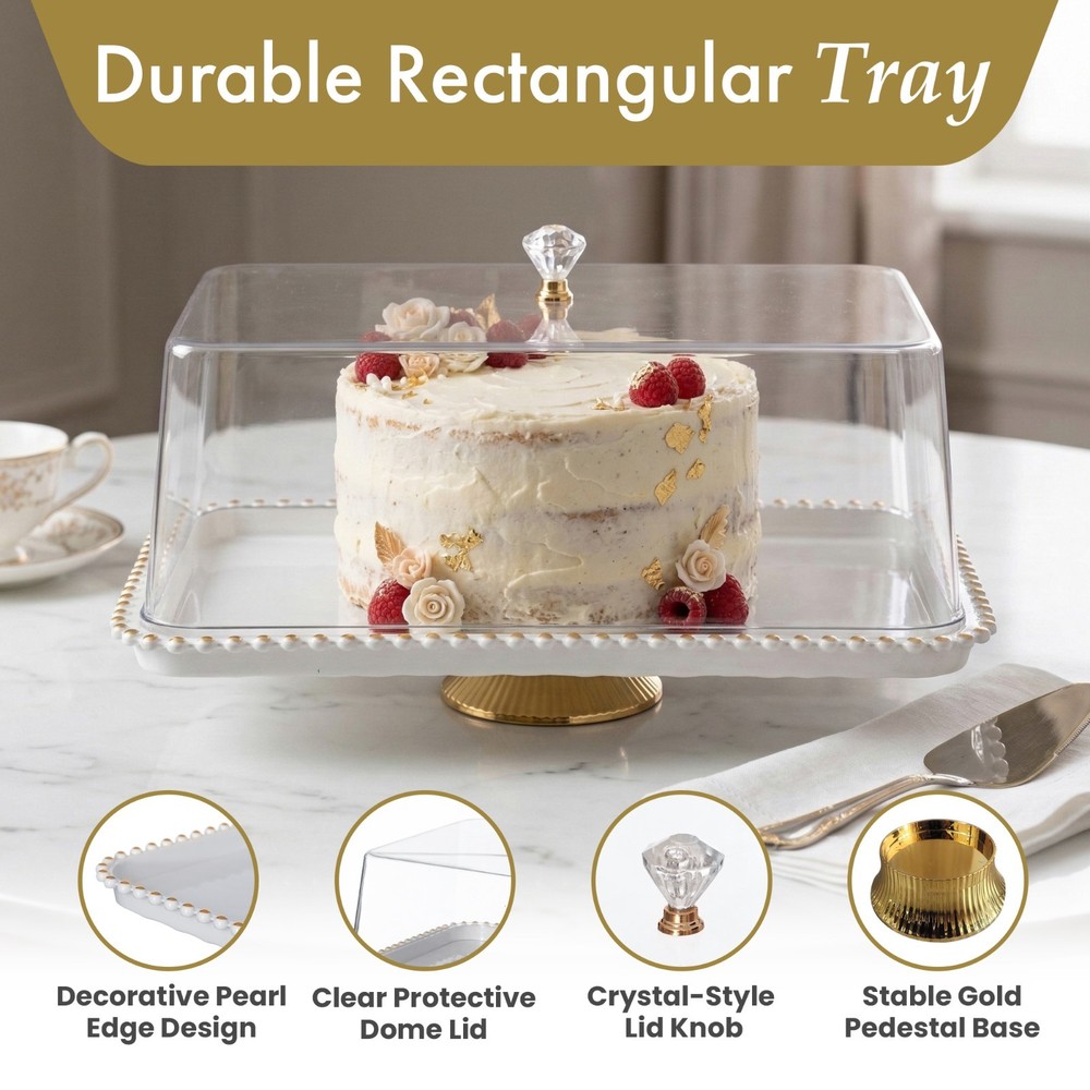 New Basicwise Plastic Cake Stand with Clear Flat-Top Cover and Gold Handles