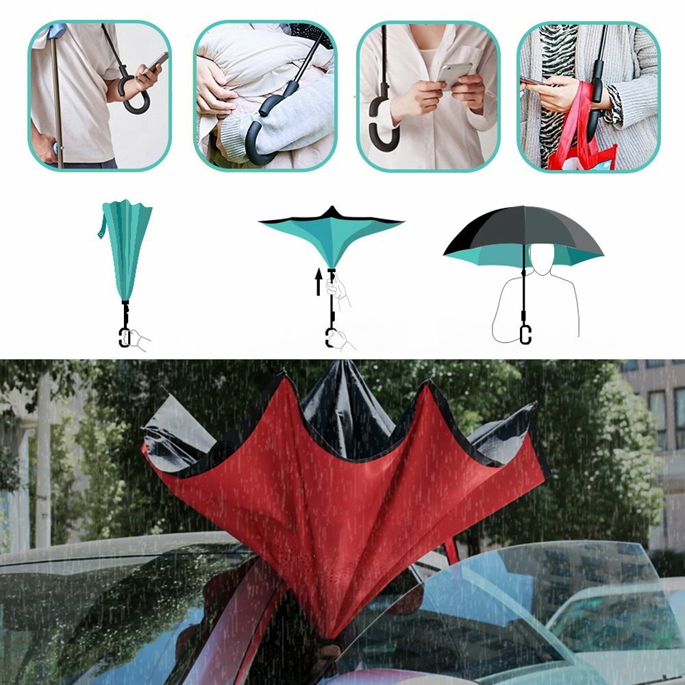 C-Handle Inverted Reverse Umbrella, Flower print (Inside-out, Upside-down)