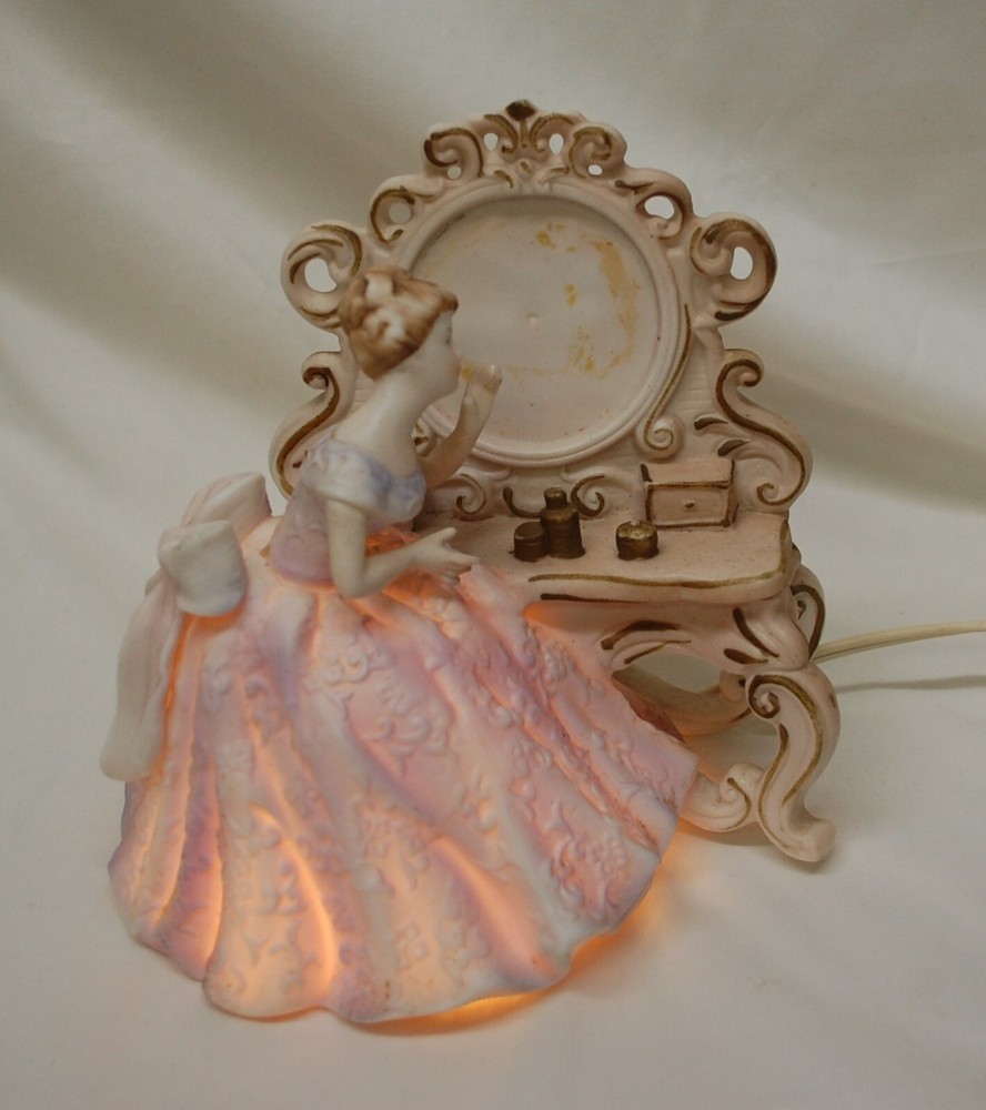 Portable Ceramic Nite Lite French lady at table AS IS Missing Mirror & thumb