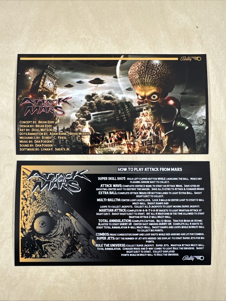Bally Attack From Mars Pinball Apron Cards
