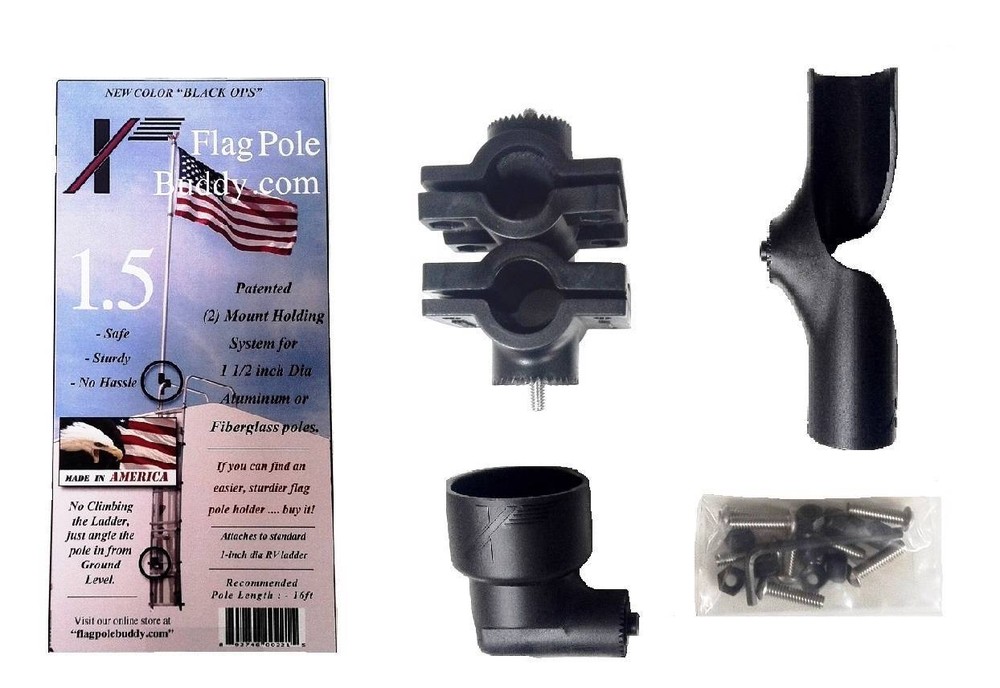 RV Flag Pole Mount Set 1.5 inch by FlagPole Buddy for 16 Foot Tall Poles (Black)