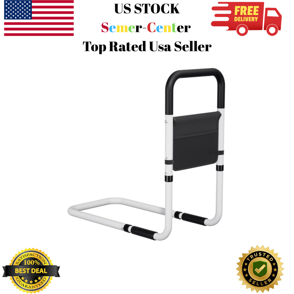 Adjustable Bed Rail Support Handle with Storage Pouch, White and Black, Height