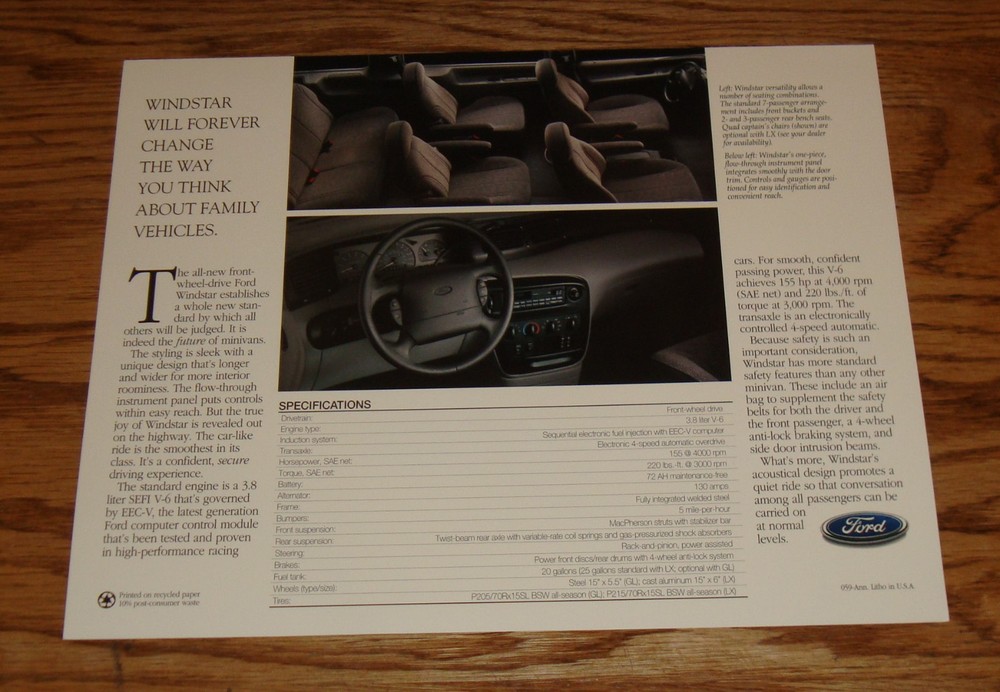 Original 1995 Ford Windstar Minivan Sales Sheet Brochure 95