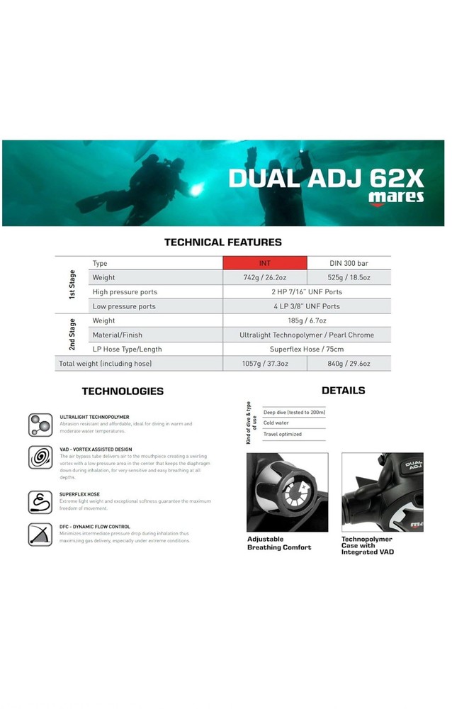 Mares Dual ADJ 62X Regulator, Yoke