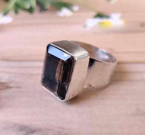 Solid 925 Sterling Silver Natural Smoky Quartz Rectangle Gemstone Wide Band Ring