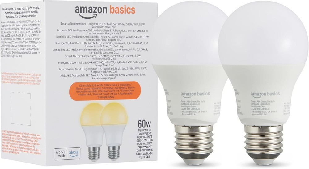Amazon Basics Smart A60 Dimmable LED Light Bulb, E27 Base, Soft White, 2.4GHz