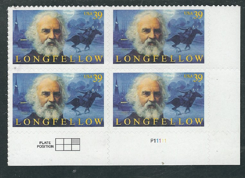 Scott #4124...39 Cent... Longfellow... Plate Block
