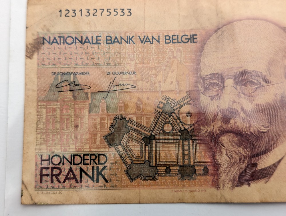 100 Francs Belgium Standard Banknote Year 1978-1994