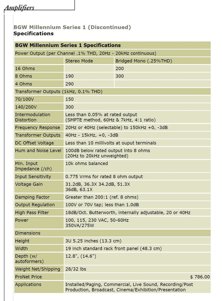 BGW Millennium Series 1 Power Amplifier