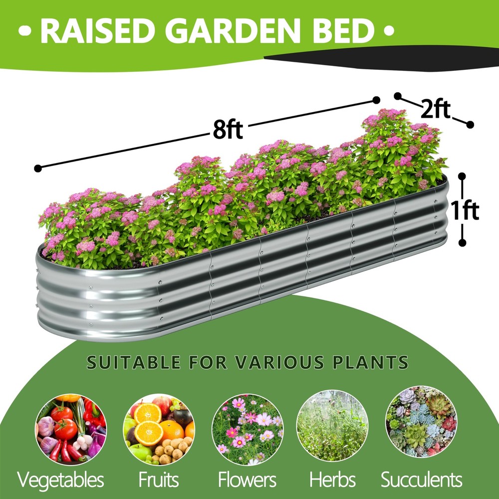 Foxlang 8x2x1ft(2 Pack) Galvanized Oval Raised Garden Bed, Silver