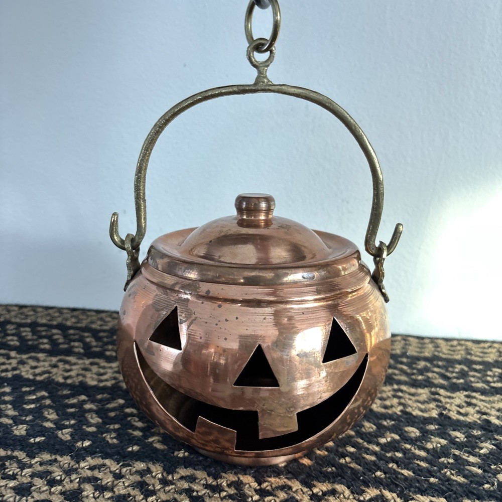 Copper Jack-O-Lantern Cauldron with Brass Handle & Lid~Made in Turkey