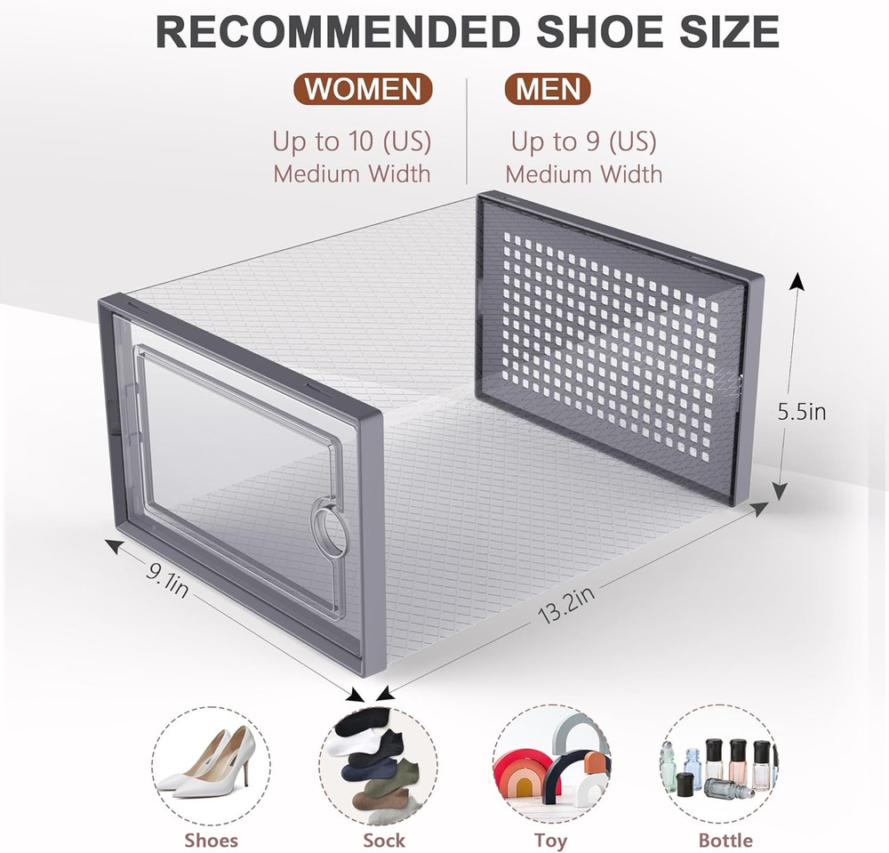 12 Pack Shoe Storage Boxes Clear Stackable Organizer Drop Front Closet Bin