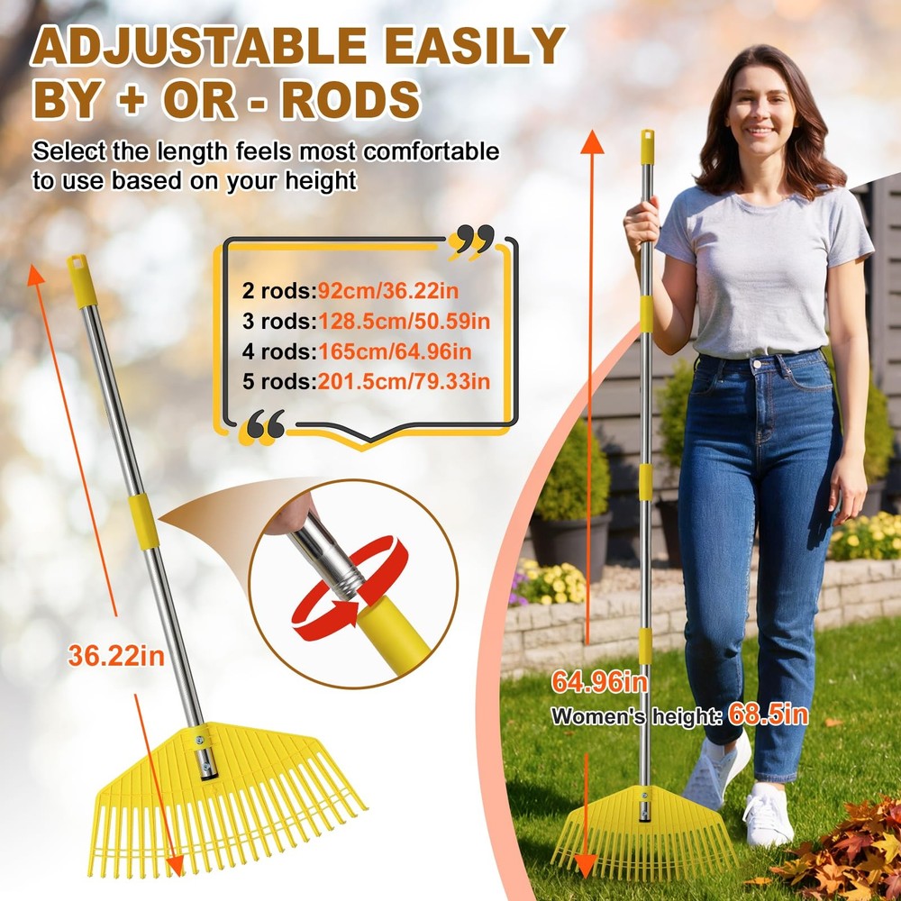 Leaf Rake - 16.5" Wide Nylon Plastic Head,65" Adjustable Handle,Heavy Duty fo...