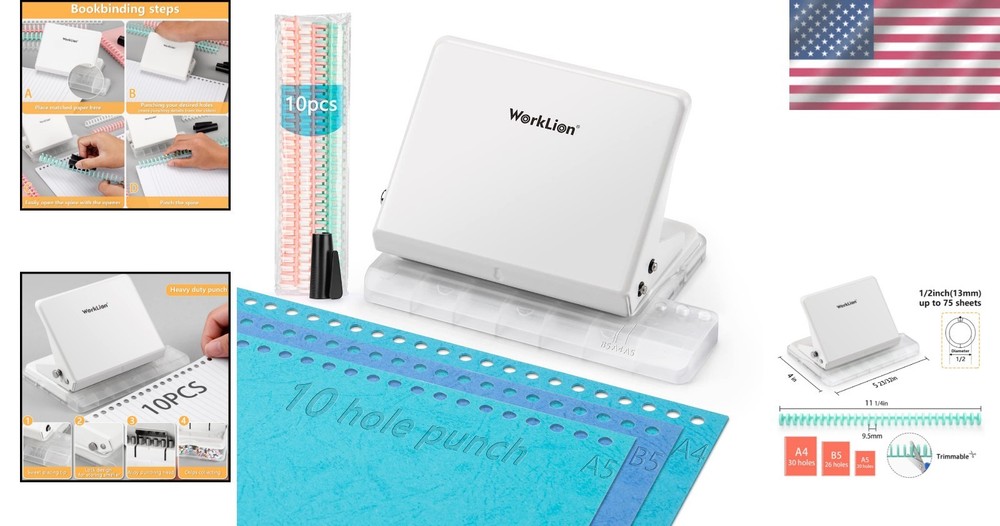 Versatile 10-Hole Punch Binding Machine with Multi-Color Loose Leaf Rings